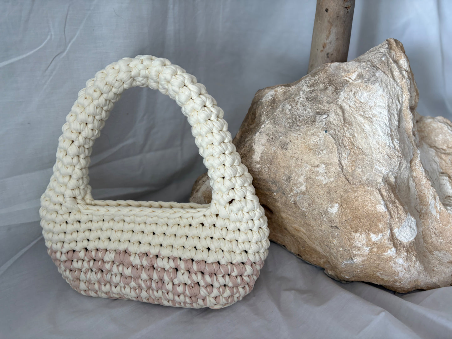 Shell Keeper — hand-crocheted cream and blush bag