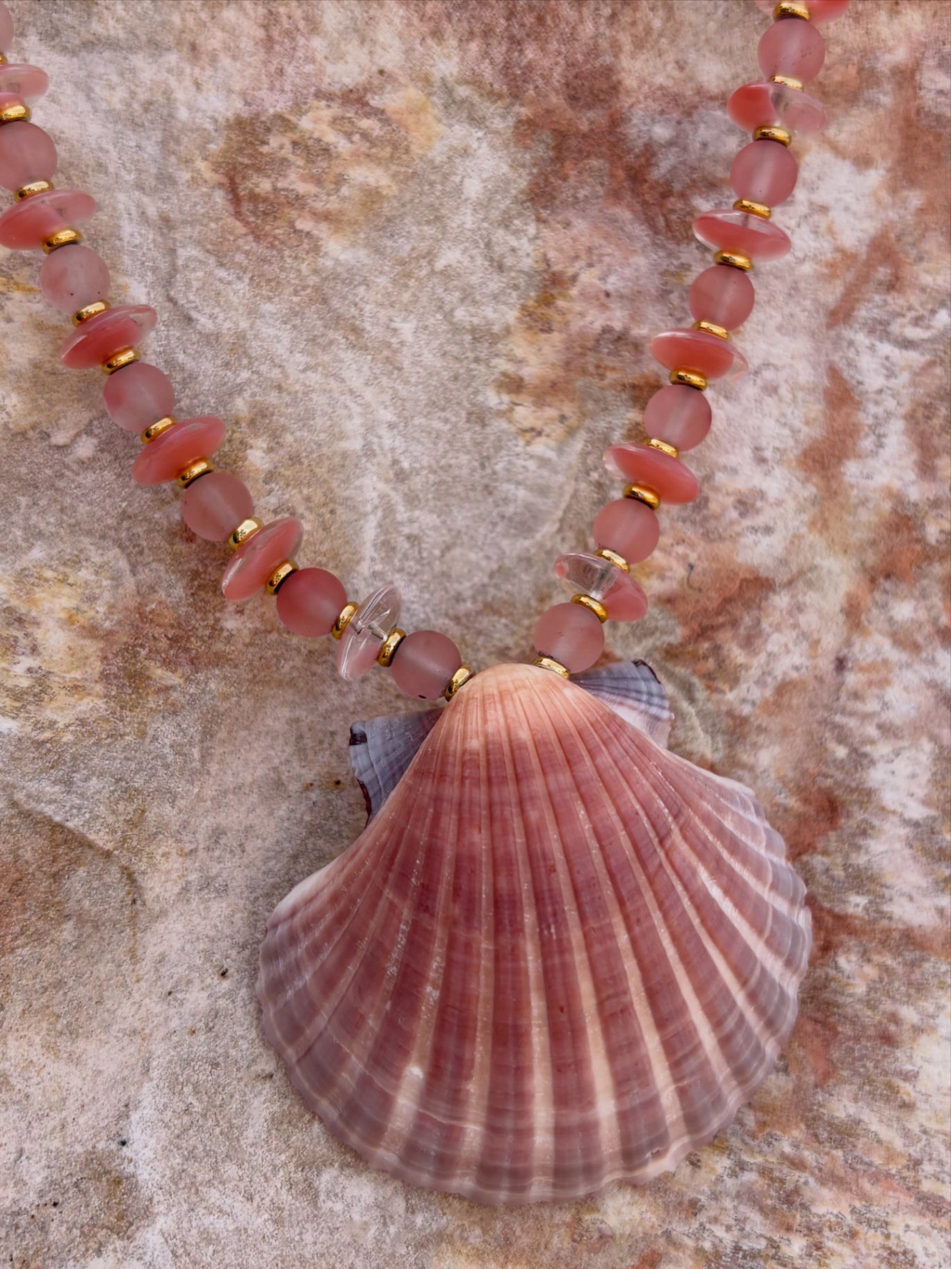 Blush Tide necklace — blush beads with scallop shell pendant
