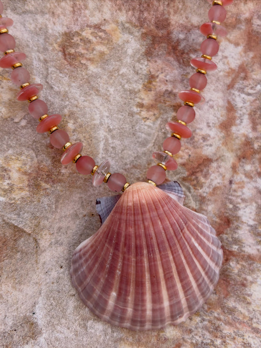Blush Tide necklace — blush beads with scallop shell pendant