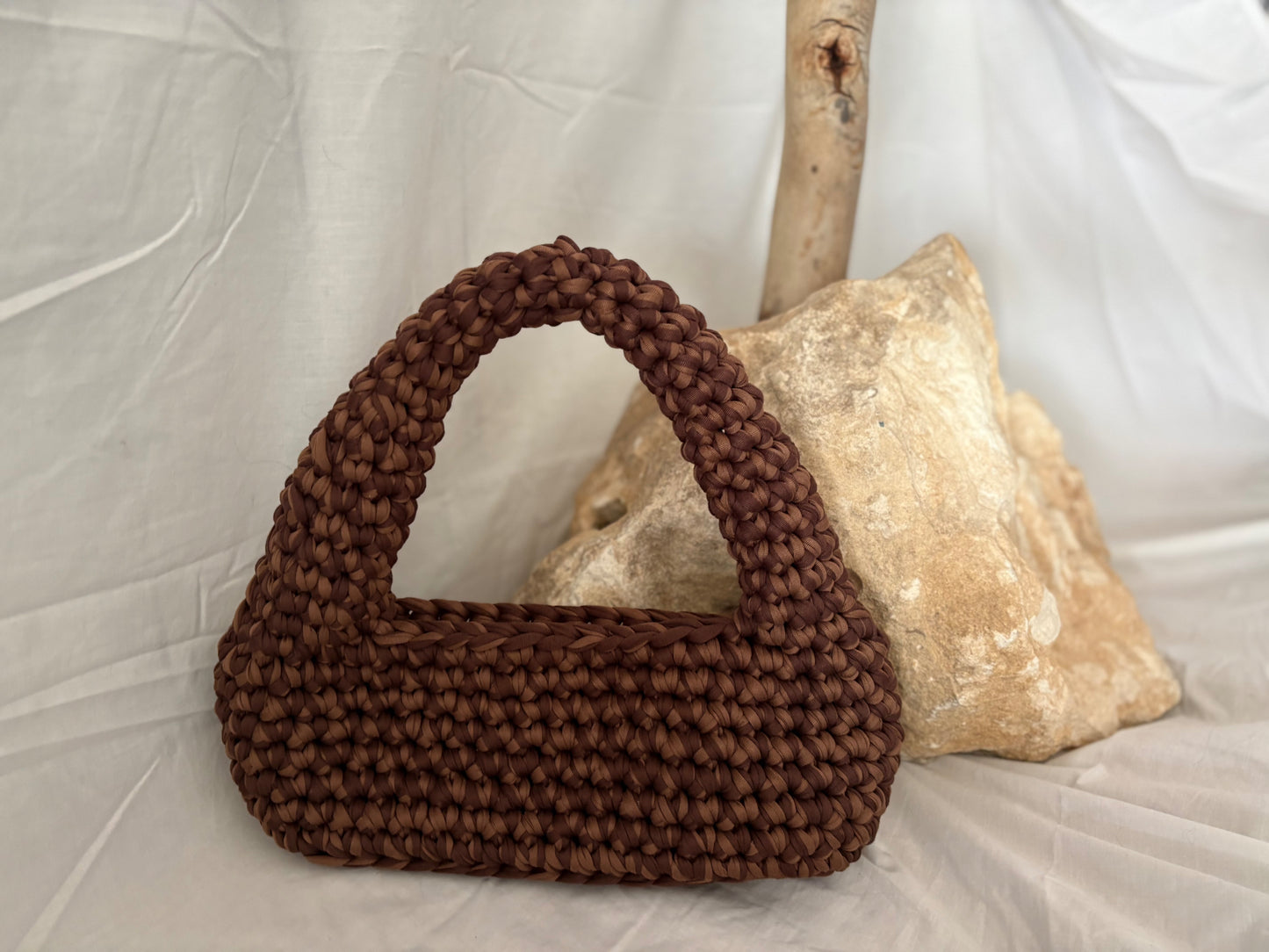 Drift Keeper — hand-crocheted driftwood brown bag