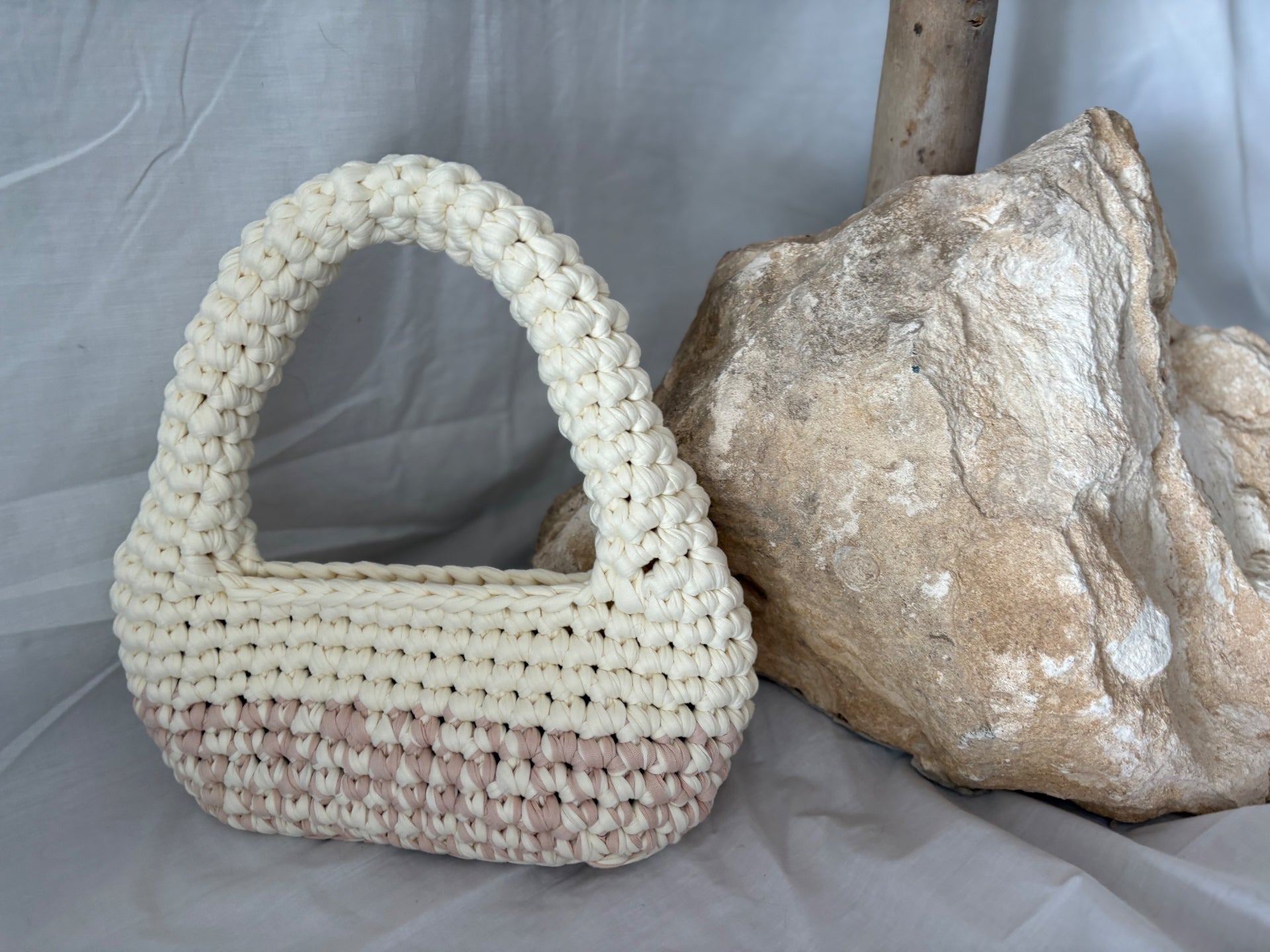 Shell Keeper — hand-crocheted cream and blush bag